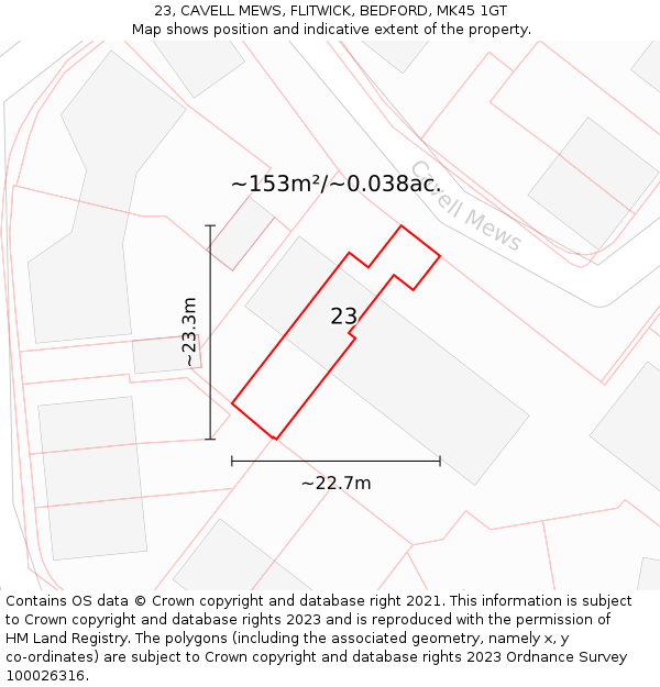 23, CAVELL MEWS, FLITWICK, BEDFORD, MK45 1GT: Plot and title map