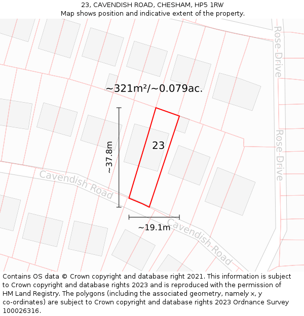 23, CAVENDISH ROAD, CHESHAM, HP5 1RW: Plot and title map