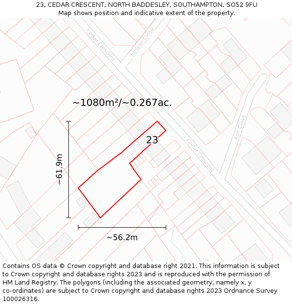 23, CEDAR CRESCENT, NORTH BADDESLEY, SOUTHAMPTON, SO52 9FU: Plot and title map