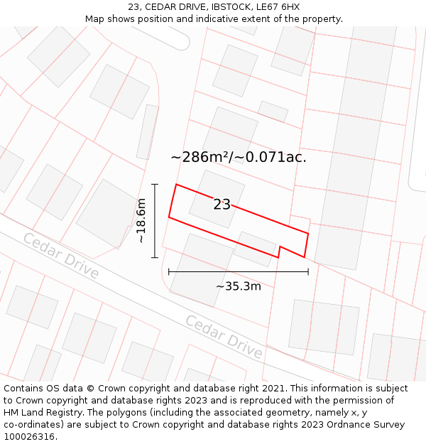 23, CEDAR DRIVE, IBSTOCK, LE67 6HX: Plot and title map