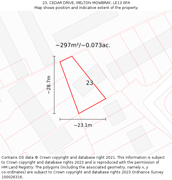 23, CEDAR DRIVE, MELTON MOWBRAY, LE13 0PA: Plot and title map