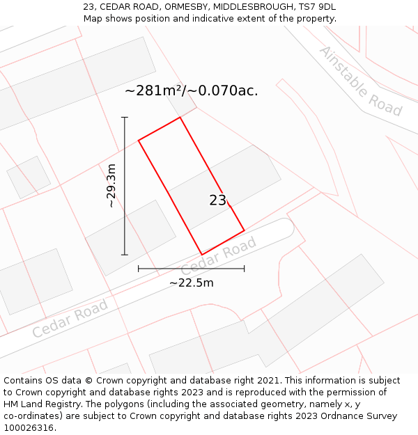 23, CEDAR ROAD, ORMESBY, MIDDLESBROUGH, TS7 9DL: Plot and title map