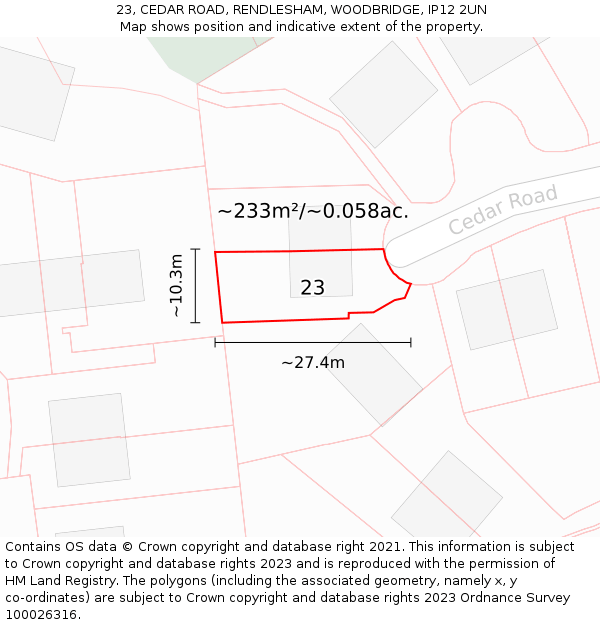 23, CEDAR ROAD, RENDLESHAM, WOODBRIDGE, IP12 2UN: Plot and title map