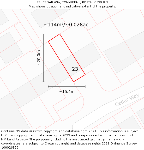 23, CEDAR WAY, TONYREFAIL, PORTH, CF39 8JN: Plot and title map