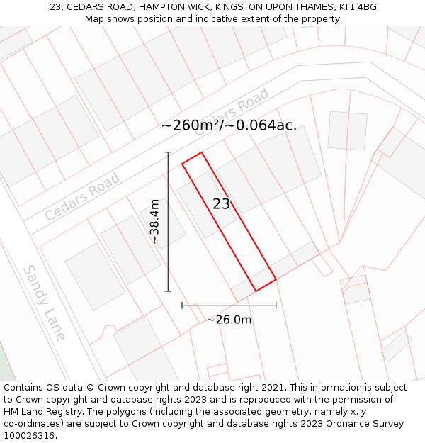 23, CEDARS ROAD, HAMPTON WICK, KINGSTON UPON THAMES, KT1 4BG: Plot and title map