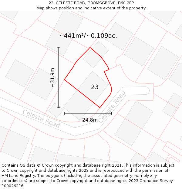 23, CELESTE ROAD, BROMSGROVE, B60 2RP: Plot and title map