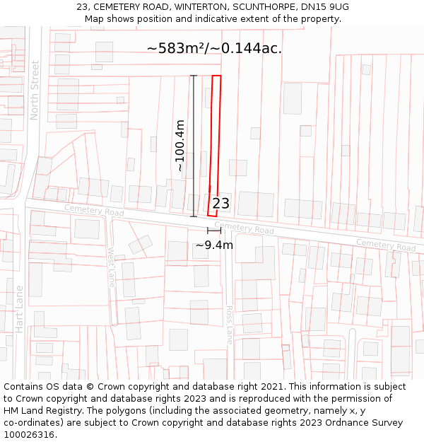 23, CEMETERY ROAD, WINTERTON, SCUNTHORPE, DN15 9UG: Plot and title map