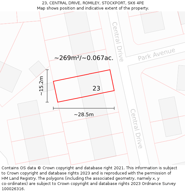 23, CENTRAL DRIVE, ROMILEY, STOCKPORT, SK6 4PE: Plot and title map
