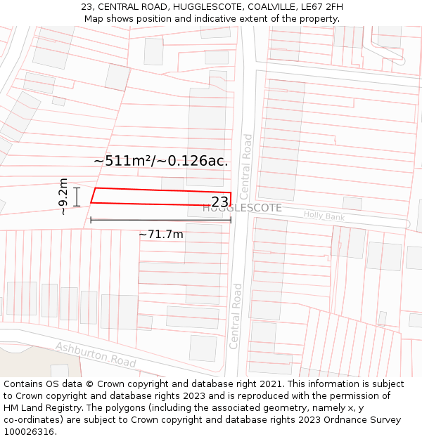 23, CENTRAL ROAD, HUGGLESCOTE, COALVILLE, LE67 2FH: Plot and title map
