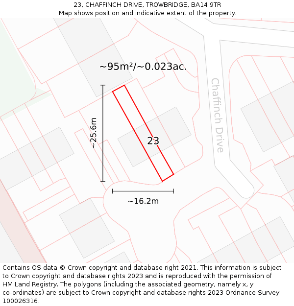 23, CHAFFINCH DRIVE, TROWBRIDGE, BA14 9TR: Plot and title map