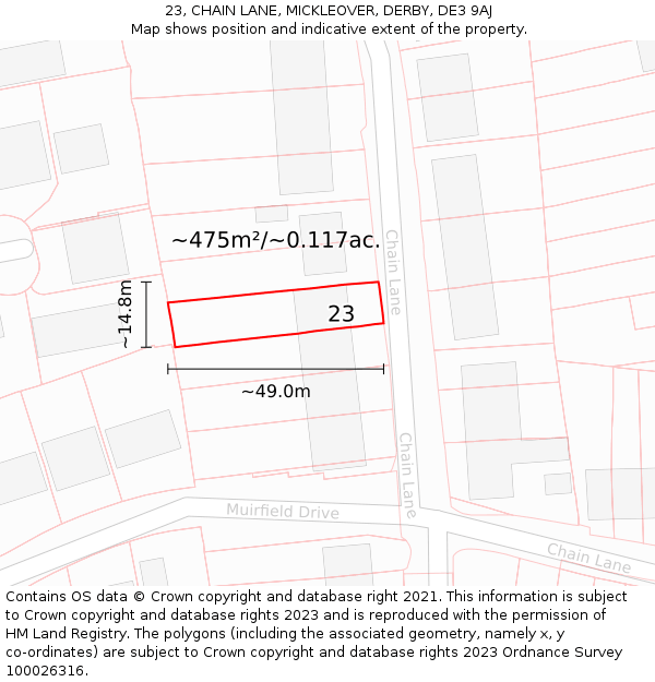 23, CHAIN LANE, MICKLEOVER, DERBY, DE3 9AJ: Plot and title map