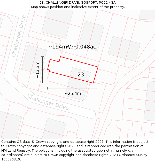 23, CHALLENGER DRIVE, GOSPORT, PO12 4GA: Plot and title map
