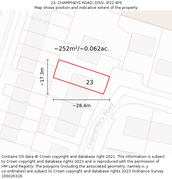23, CHAMPNEYS ROAD, DISS, IP22 4PS: Plot and title map
