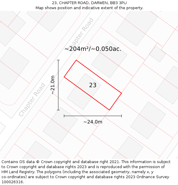 23, CHAPTER ROAD, DARWEN, BB3 3PU: Plot and title map