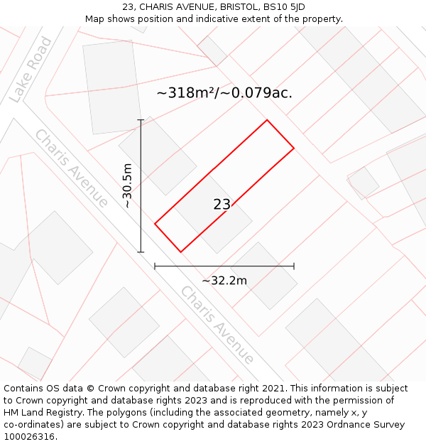 23, CHARIS AVENUE, BRISTOL, BS10 5JD: Plot and title map