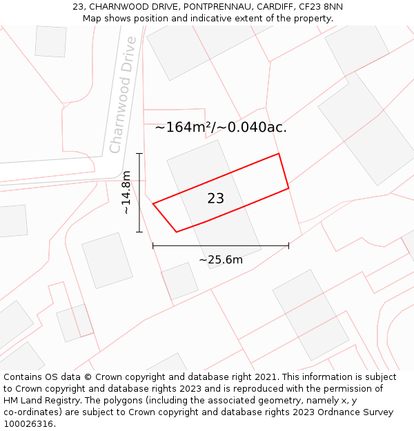 23, CHARNWOOD DRIVE, PONTPRENNAU, CARDIFF, CF23 8NN: Plot and title map