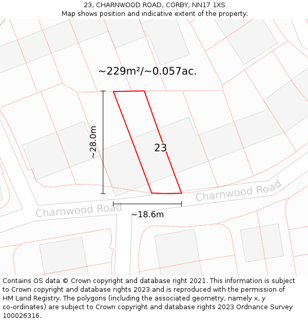 23, CHARNWOOD ROAD, CORBY, NN17 1XS: Plot and title map
