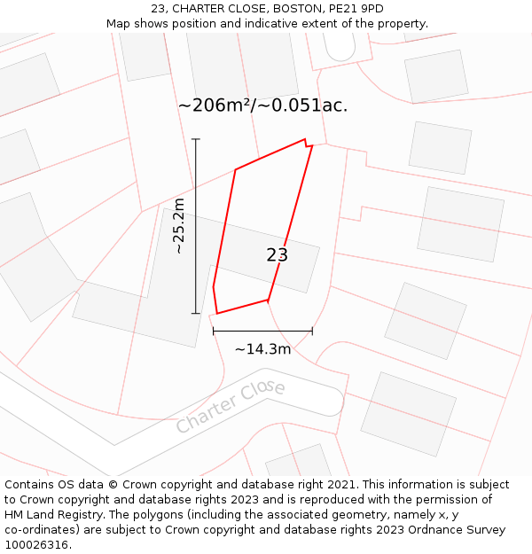 23, CHARTER CLOSE, BOSTON, PE21 9PD: Plot and title map