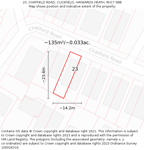 23, CHATFIELD ROAD, CUCKFIELD, HAYWARDS HEATH, RH17 5BB: Plot and title map