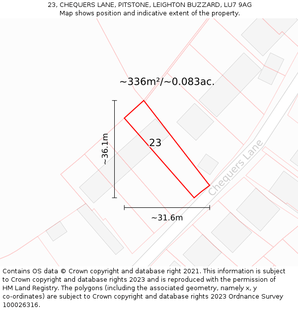 23, CHEQUERS LANE, PITSTONE, LEIGHTON BUZZARD, LU7 9AG: Plot and title map