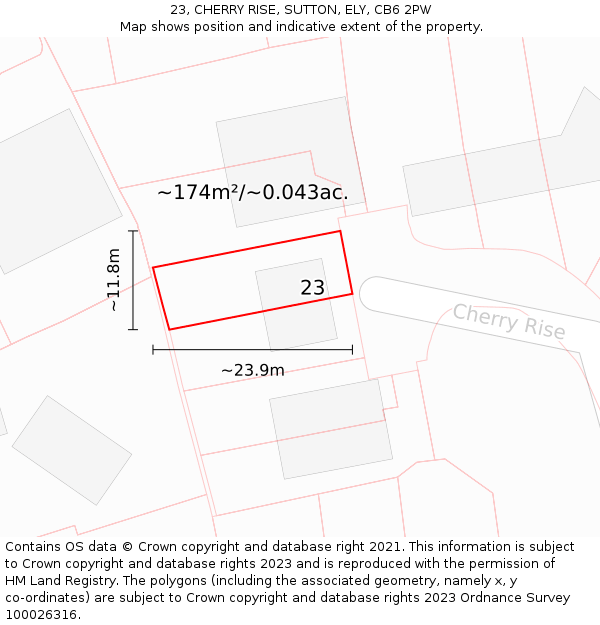 23, CHERRY RISE, SUTTON, ELY, CB6 2PW: Plot and title map