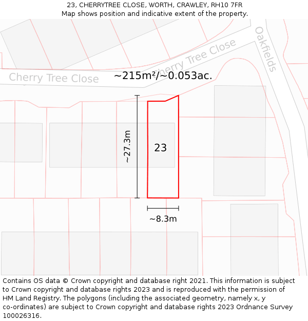 23, CHERRYTREE CLOSE, WORTH, CRAWLEY, RH10 7FR: Plot and title map