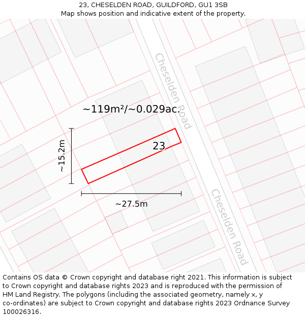 23, CHESELDEN ROAD, GUILDFORD, GU1 3SB: Plot and title map