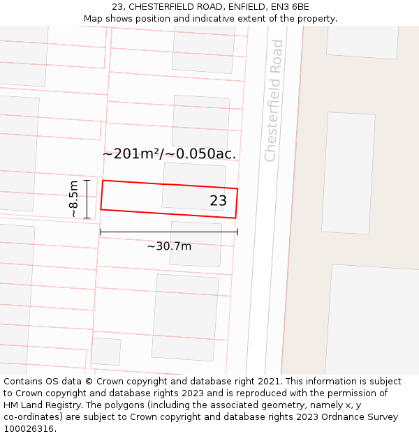 23, CHESTERFIELD ROAD, ENFIELD, EN3 6BE: Plot and title map