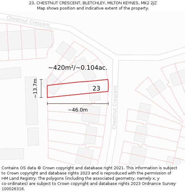 23, CHESTNUT CRESCENT, BLETCHLEY, MILTON KEYNES, MK2 2JZ: Plot and title map