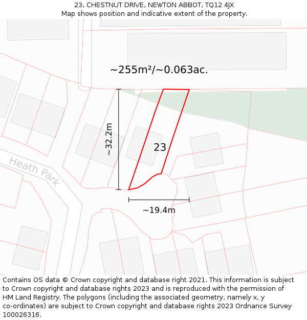 23, CHESTNUT DRIVE, NEWTON ABBOT, TQ12 4JX: Plot and title map