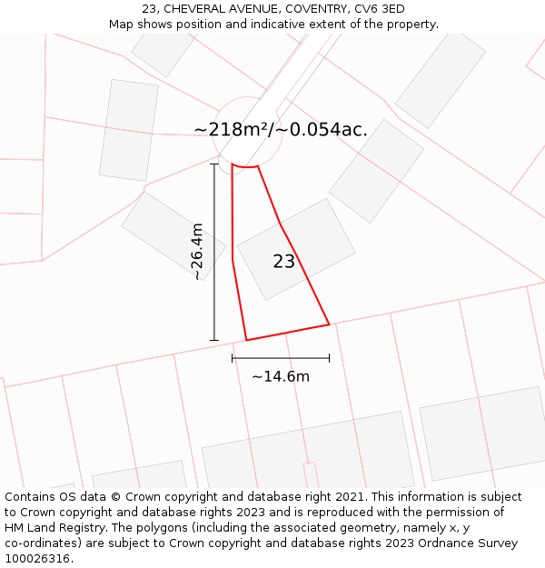 23, CHEVERAL AVENUE, COVENTRY, CV6 3ED: Plot and title map