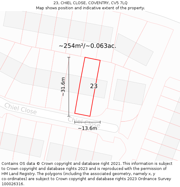 23, CHIEL CLOSE, COVENTRY, CV5 7LQ: Plot and title map
