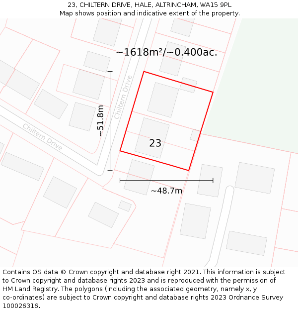 23, CHILTERN DRIVE, HALE, ALTRINCHAM, WA15 9PL: Plot and title map