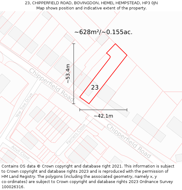 23, CHIPPERFIELD ROAD, BOVINGDON, HEMEL HEMPSTEAD, HP3 0JN: Plot and title map