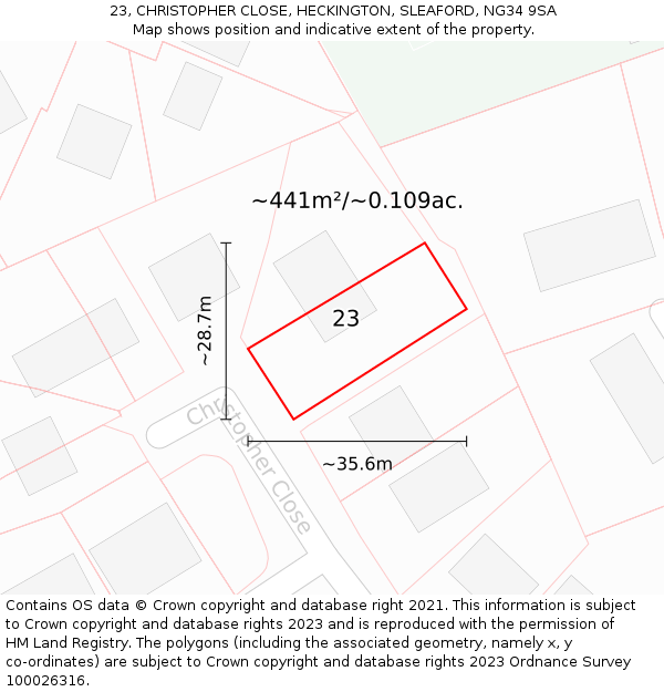 23, CHRISTOPHER CLOSE, HECKINGTON, SLEAFORD, NG34 9SA: Plot and title map