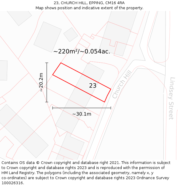 23, CHURCH HILL, EPPING, CM16 4RA: Plot and title map