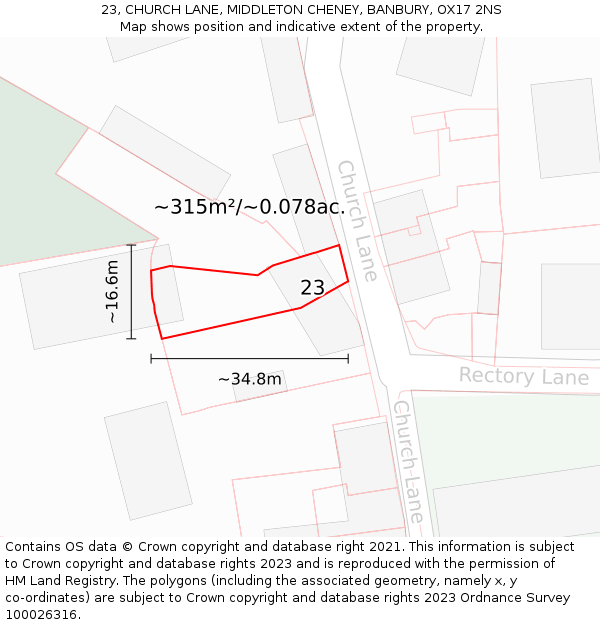 23, CHURCH LANE, MIDDLETON CHENEY, BANBURY, OX17 2NS: Plot and title map