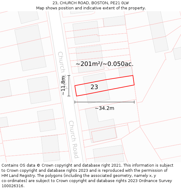 23, CHURCH ROAD, BOSTON, PE21 0LW: Plot and title map