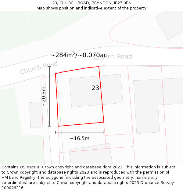 23, CHURCH ROAD, BRANDON, IP27 0EN: Plot and title map