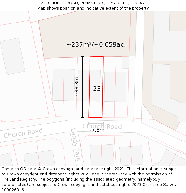 23, CHURCH ROAD, PLYMSTOCK, PLYMOUTH, PL9 9AL: Plot and title map