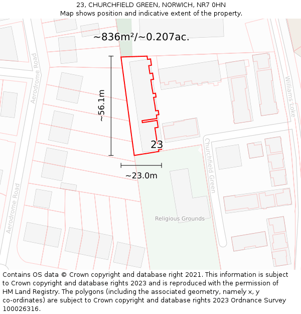 23, CHURCHFIELD GREEN, NORWICH, NR7 0HN: Plot and title map