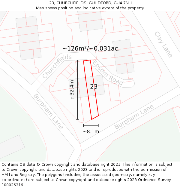 23, CHURCHFIELDS, GUILDFORD, GU4 7NH: Plot and title map