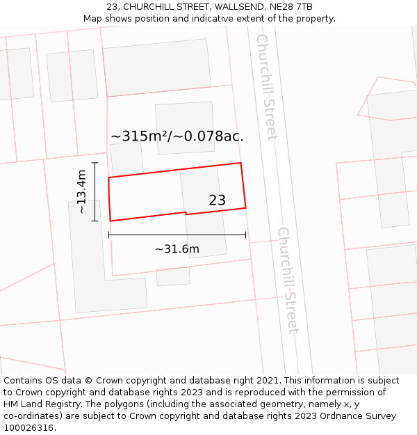 23, CHURCHILL STREET, WALLSEND, NE28 7TB: Plot and title map