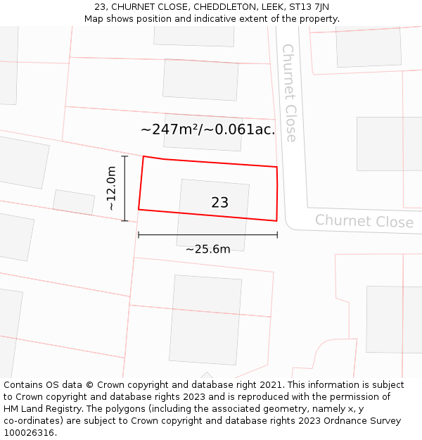 23, CHURNET CLOSE, CHEDDLETON, LEEK, ST13 7JN: Plot and title map