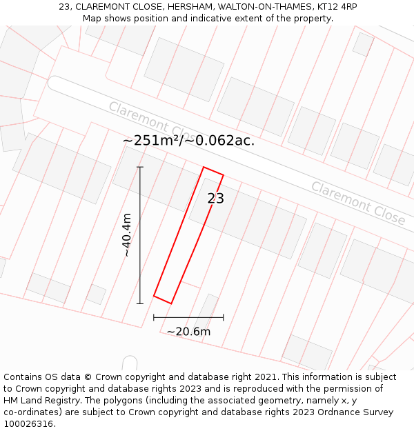 23, CLAREMONT CLOSE, HERSHAM, WALTON-ON-THAMES, KT12 4RP: Plot and title map