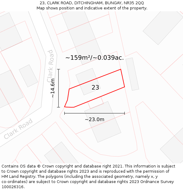 23, CLARK ROAD, DITCHINGHAM, BUNGAY, NR35 2QQ: Plot and title map