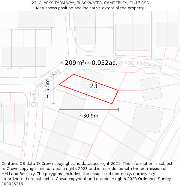 23, CLARKS FARM WAY, BLACKWATER, CAMBERLEY, GU17 0SD: Plot and title map