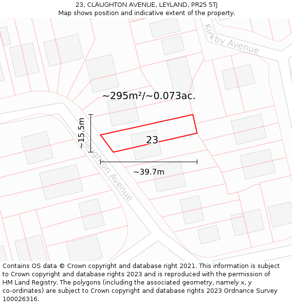 23, CLAUGHTON AVENUE, LEYLAND, PR25 5TJ: Plot and title map