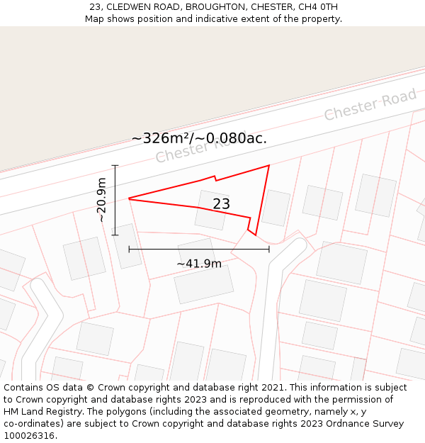 23, CLEDWEN ROAD, BROUGHTON, CHESTER, CH4 0TH: Plot and title map