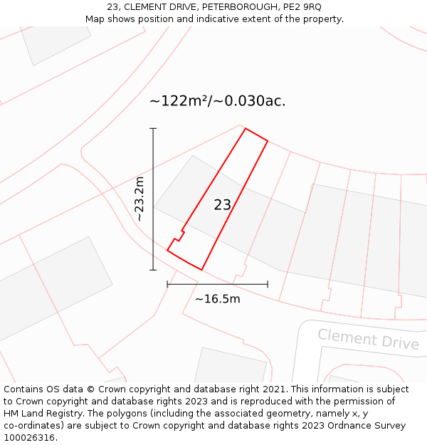 23, CLEMENT DRIVE, PETERBOROUGH, PE2 9RQ: Plot and title map